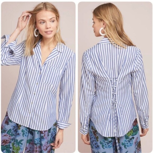 Anthropologie Blue and White Striped Corset Back Buttondown Top - Picture 1 of 8